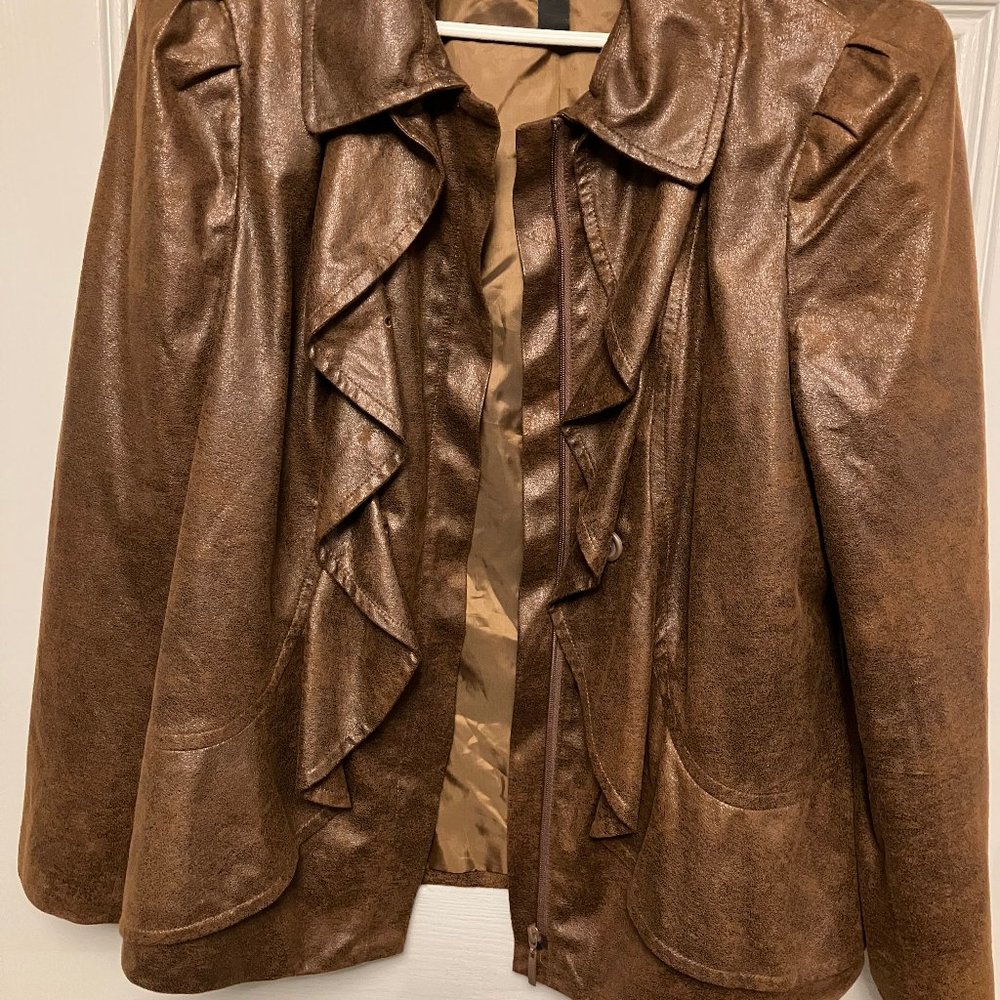 WOMEN'S SIZE 2X BROWN SUEDE-LIKE RUFFLED FRONT JACKET